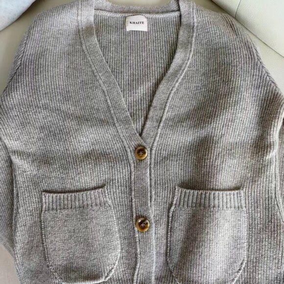 Khaite Beige Ribbed Wool Cardigan - Tortoiseshell Button Detail - Picture 1 of 5